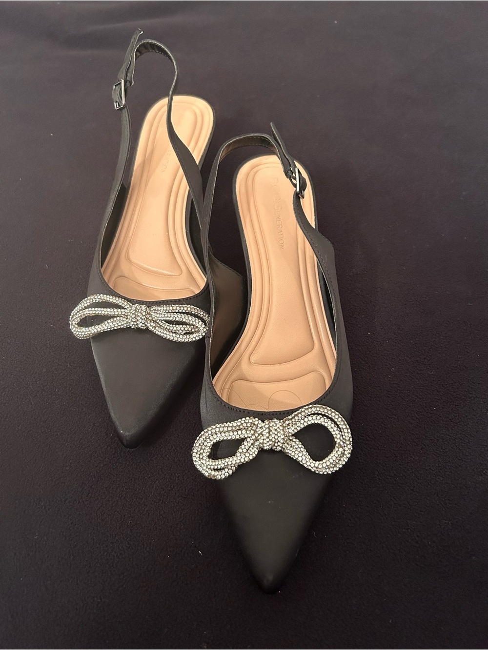 Black Pointed Slingback Flats with Crystal Bow